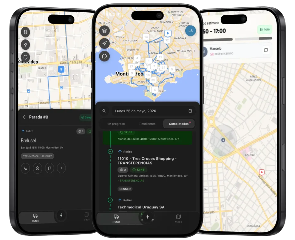 App de SendGround mostrando optimización de rutas y tracking de entregas en tiempo real